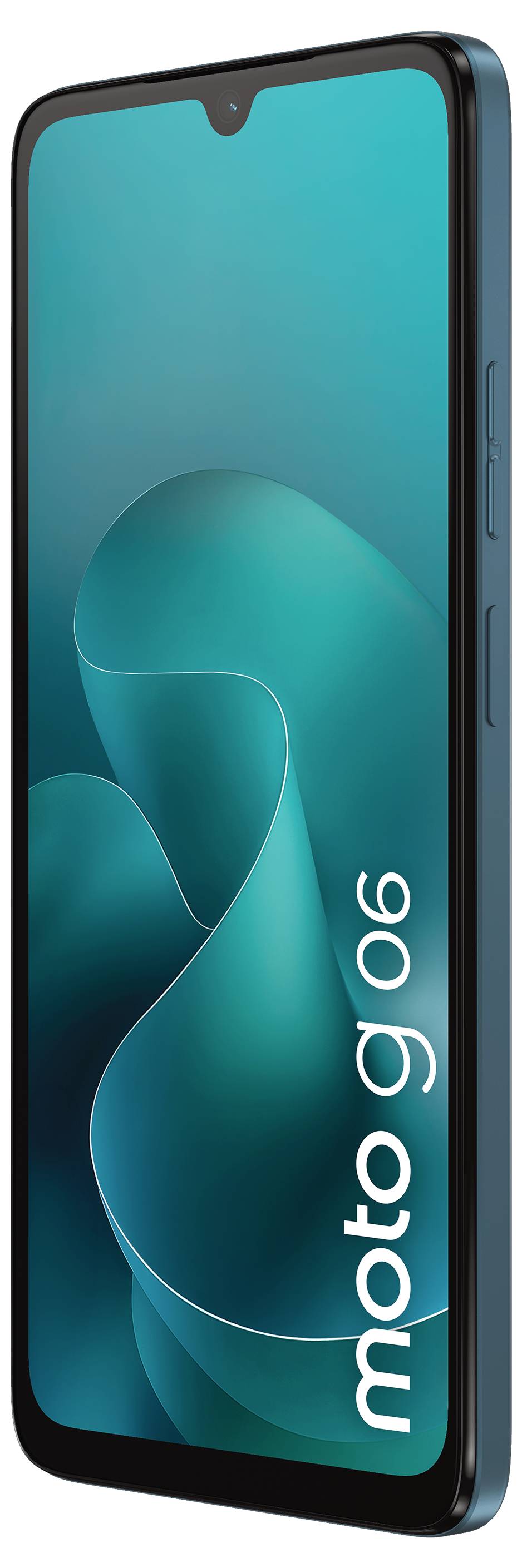 Ein Smartphone mit dem Branding „moto g06" auf dem Display mit einem blauen abstrakten Hintergrundbild auf dem Bildschirm. Das Telefon wird in einer angewinkelten Ansicht gezeigt.