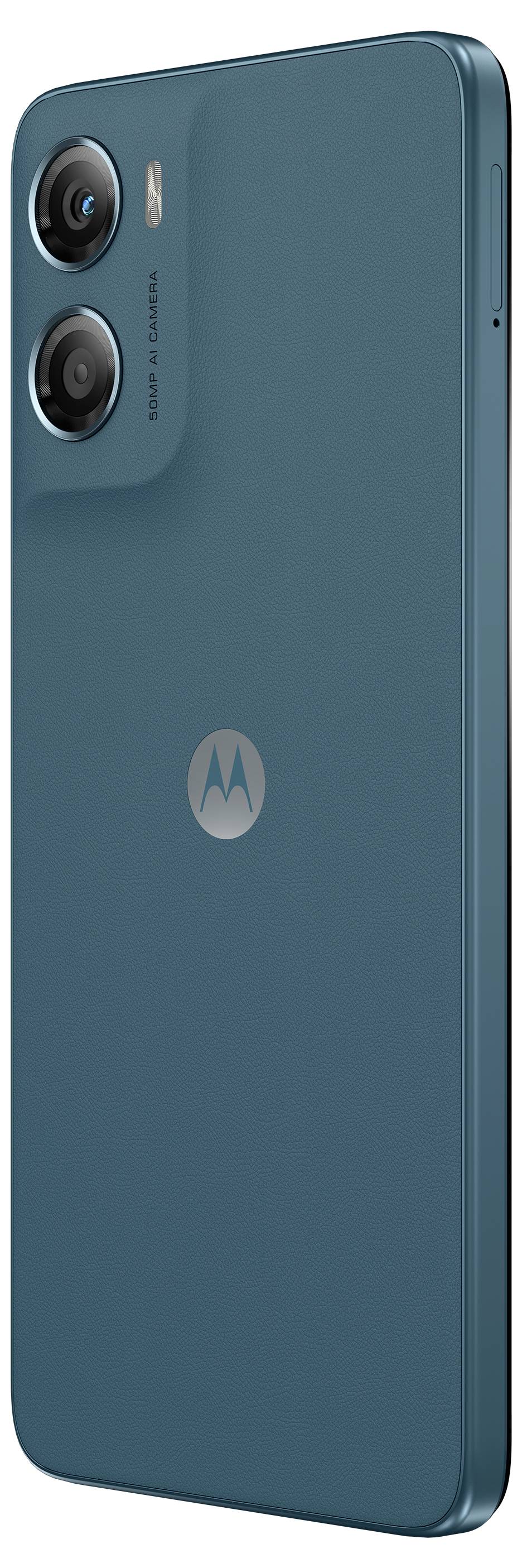 Ein blaues Smartphone, von hinten betrachtet, mit zwei vertikal ausgerichteten Kameras und dem Motorola-Logo in der Mitte.