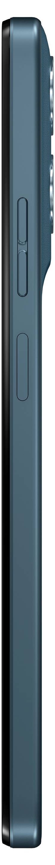 Seitenansicht eines Motorola Moto G Telefons mit wirbelndem rotem und schwarzem Hintergrund und dem Motorola-Logo auf dem Bildschirm.