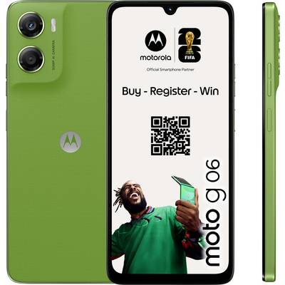 Ein grünes Motorola-Smartphone zeigt „Kaufen - Registrieren - Gewinnen" mit einem QR-Code und ein Mann hält aufgeregt ein Telefon. Moto G06-Branding angezeigt.