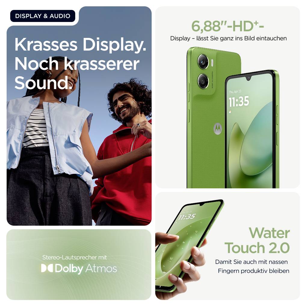 'Krasses Display. Noch krasserer Sound.' Zwei Personen genießen Musik. Smartphone mit 6,88''-HD+ Display, wasserfest, Dolby Atmos.