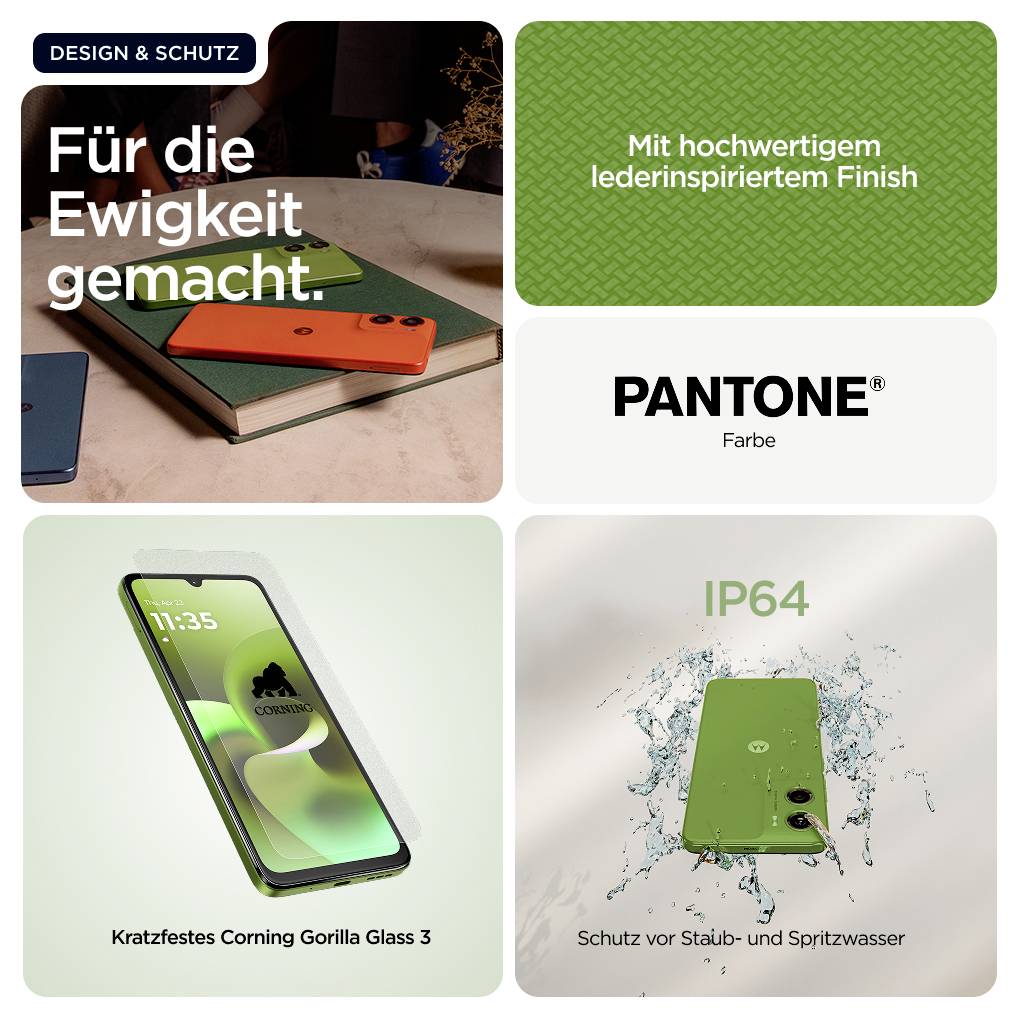 'Werbung für Smartphones: Betonung auf robustem, lederähnlichem Design, kratzfestem Gorilla Glass 3 und Schutz gegen Staub und Wasser (IP64).'