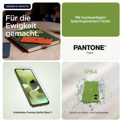 'Werbung für Smartphones: Betonung auf robustem, lederähnlichem Design, kratzfestem Gorilla Glass 3 und Schutz gegen Staub und Wasser (IP64).'
