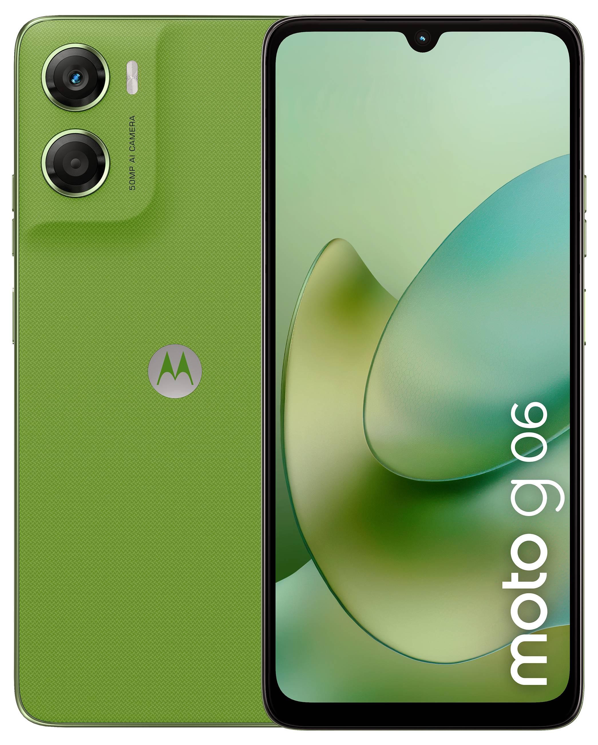 Ein grünes Smartphone mit zwei hinteren Kameras mit der Bezeichnung „50-MP-KI-Kamera". Der Bildschirm zeigt abstrakte Formen. Das Modell „moto g06" wird angezeigt.