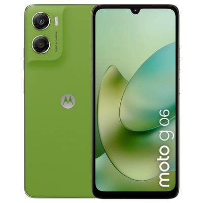Ein grünes Smartphone mit zwei hinteren Kameras mit der Bezeichnung „50-MP-KI-Kamera". Der Bildschirm zeigt abstrakte Formen. Das Modell „moto g06" wird angezeigt.