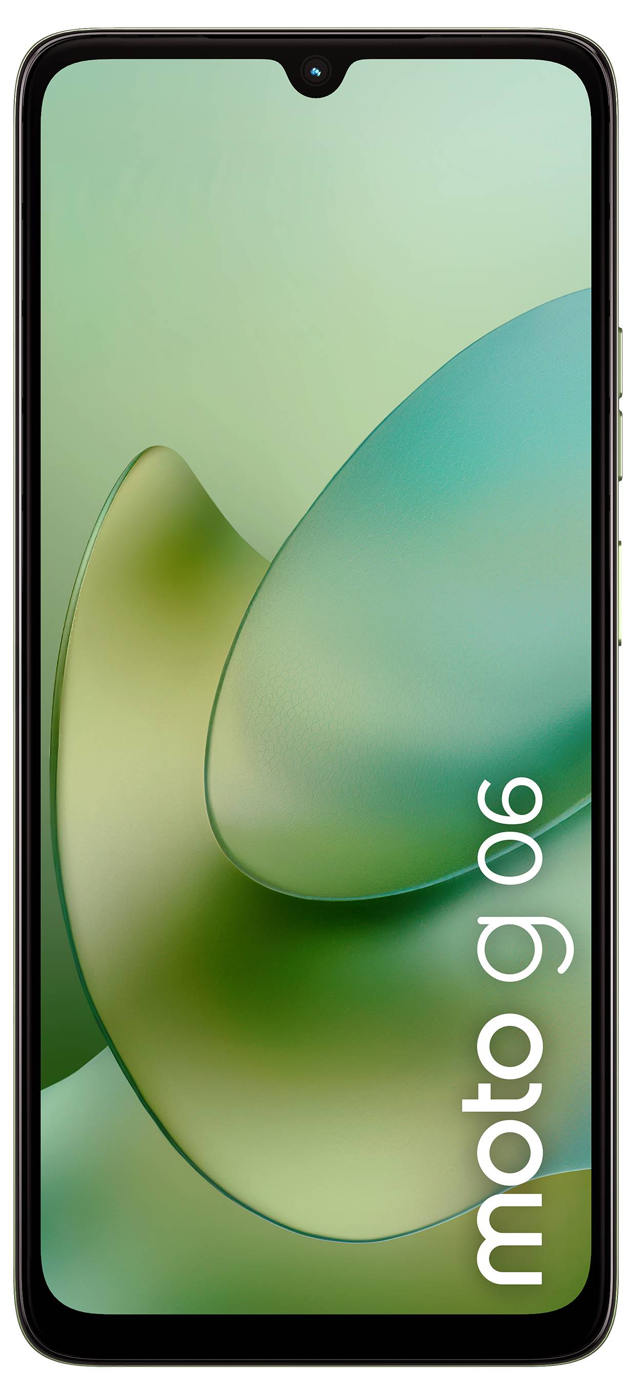 Ein Smartphone mit einem grünen abstrakten Hintergrundbild auf dem Bildschirm. Der Text „moto g 06" wird vertikal auf der rechten Seite des Bildschirms angezeigt.