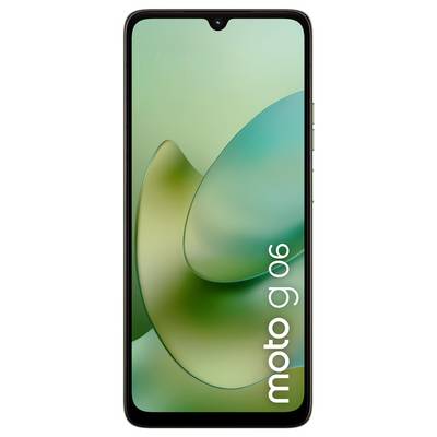 Ein Smartphone mit einem grünen abstrakten Hintergrundbild auf dem Bildschirm. Der Text „moto g 06" wird vertikal auf der rechten Seite des Bildschirms angezeigt.