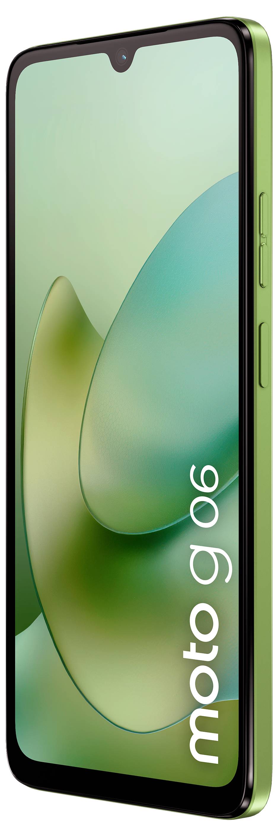 Grünes Smartphone mit gekrümmtem Bildschirm, auf dem abstrakte grüne Formen angezeigt werden. Text „Moto G 06" auf dem Bildschirm.