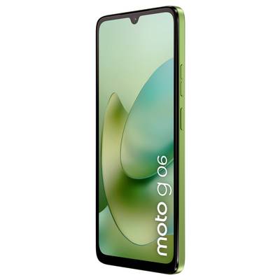 Grünes Smartphone mit gekrümmtem Bildschirm, auf dem abstrakte grüne Formen angezeigt werden. Text „Moto G 06" auf dem Bildschirm.