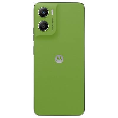 Ein grünes Smartphone mit dualer Rückkamera und einem zentrierten Motorola-Logo darunter.