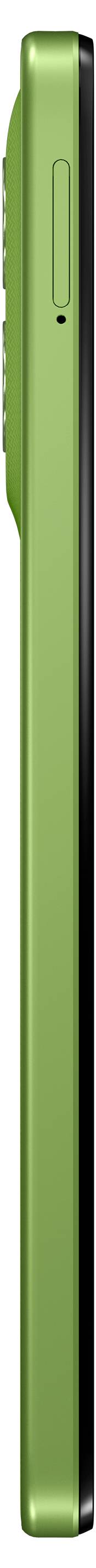 Ein grünes Smartphone von der Seite betrachtet, das eine Lautstärketaste und ein leicht vorstehjendes hinteres Kameramodul zeigt.
