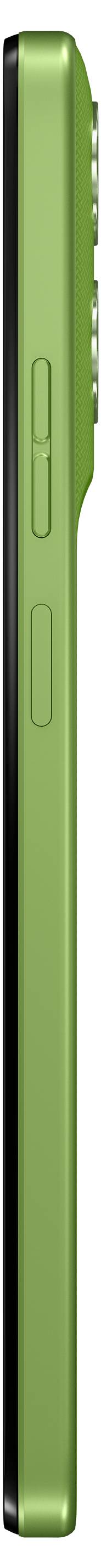 Gelb-grüne Rückansicht eines Smartphones mit drei Kameraobjektiven und einem Blitz in der oberen linken Ecke. Das Markenlogo ist darunter zentriert angebracht.