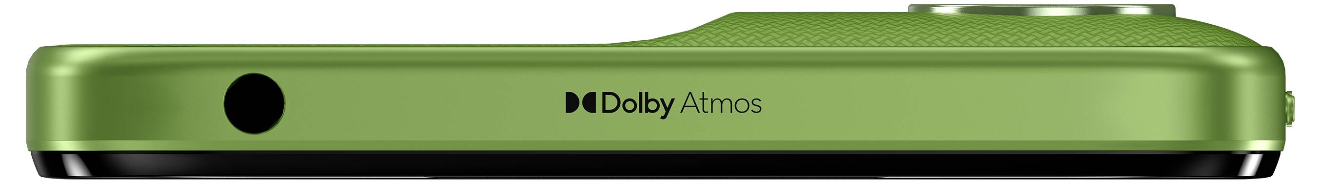 Oberkante eines grünen Smartphones mit dem Text „Dolby Atmos".