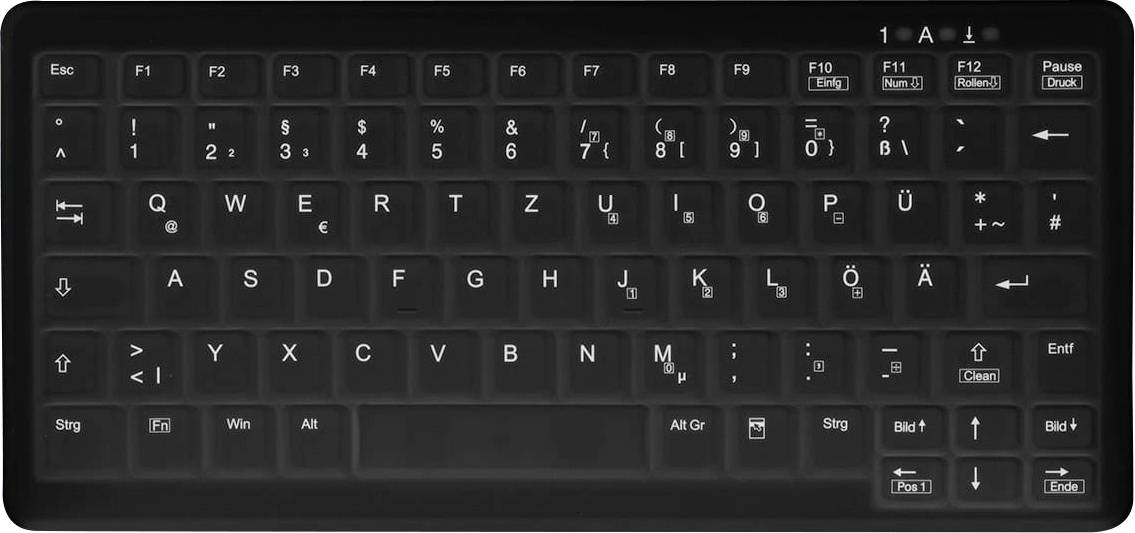Eine schwarze deutsche Tastatur mit beschrifteten Funktionstasten und Ziffernblock. Standardmäßiges QWERTZ-Layout mit zusätzlichen deutschen Zeichen und Symbolen.