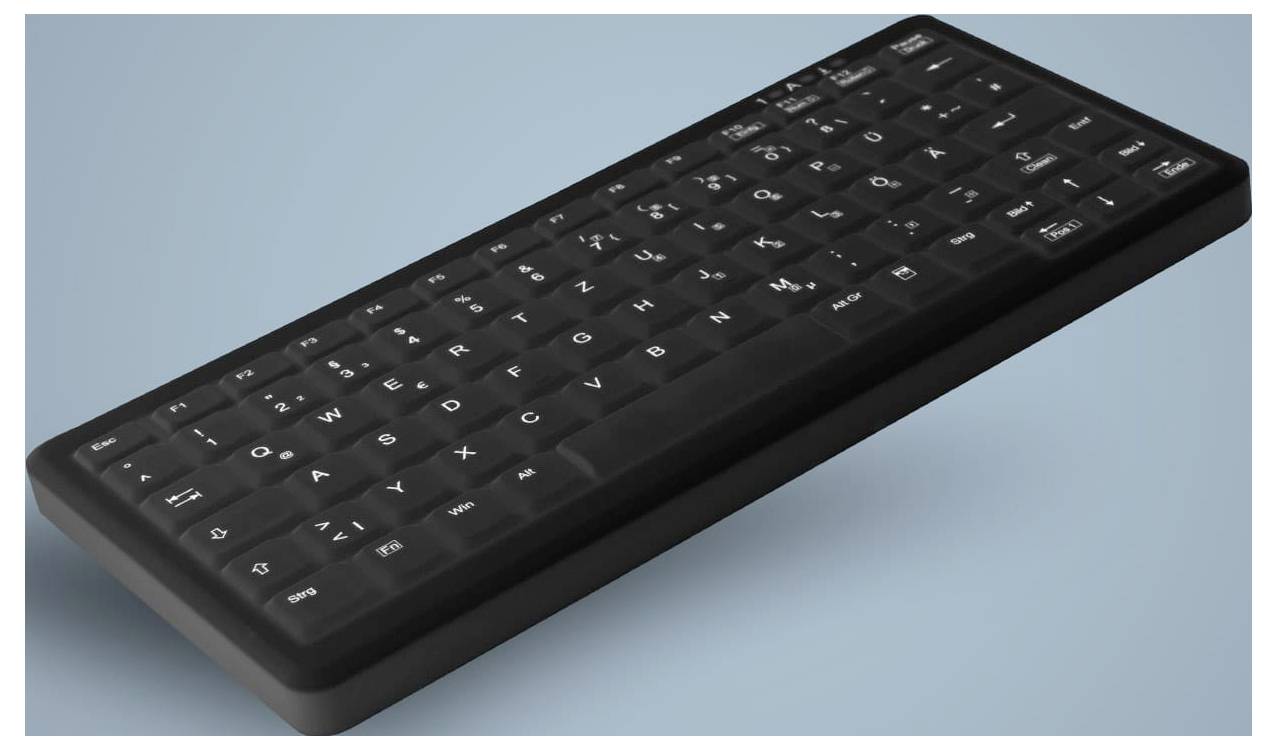 Eine kompakte schwarze Tastatur mit weißer Beschriftung und ohne Ziffernblock auf einem hellblauen Hintergrund.