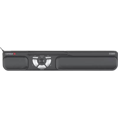 Ein schwarzes ergonomisches Computer-Touchpad mit der Beschriftung "Contour X: BAR", das eine zentrale Navigationstaste sowie Tasten für Links- und Rechtsklick aufweist.