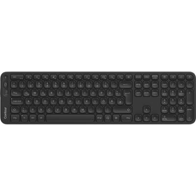 Eine schwarze Contour-Tastatur mit vollständigem QWERTZ-Layout und Zifferntastatur, entwickelt für ergonomisches Tippen und effiziente Dateneingabe.