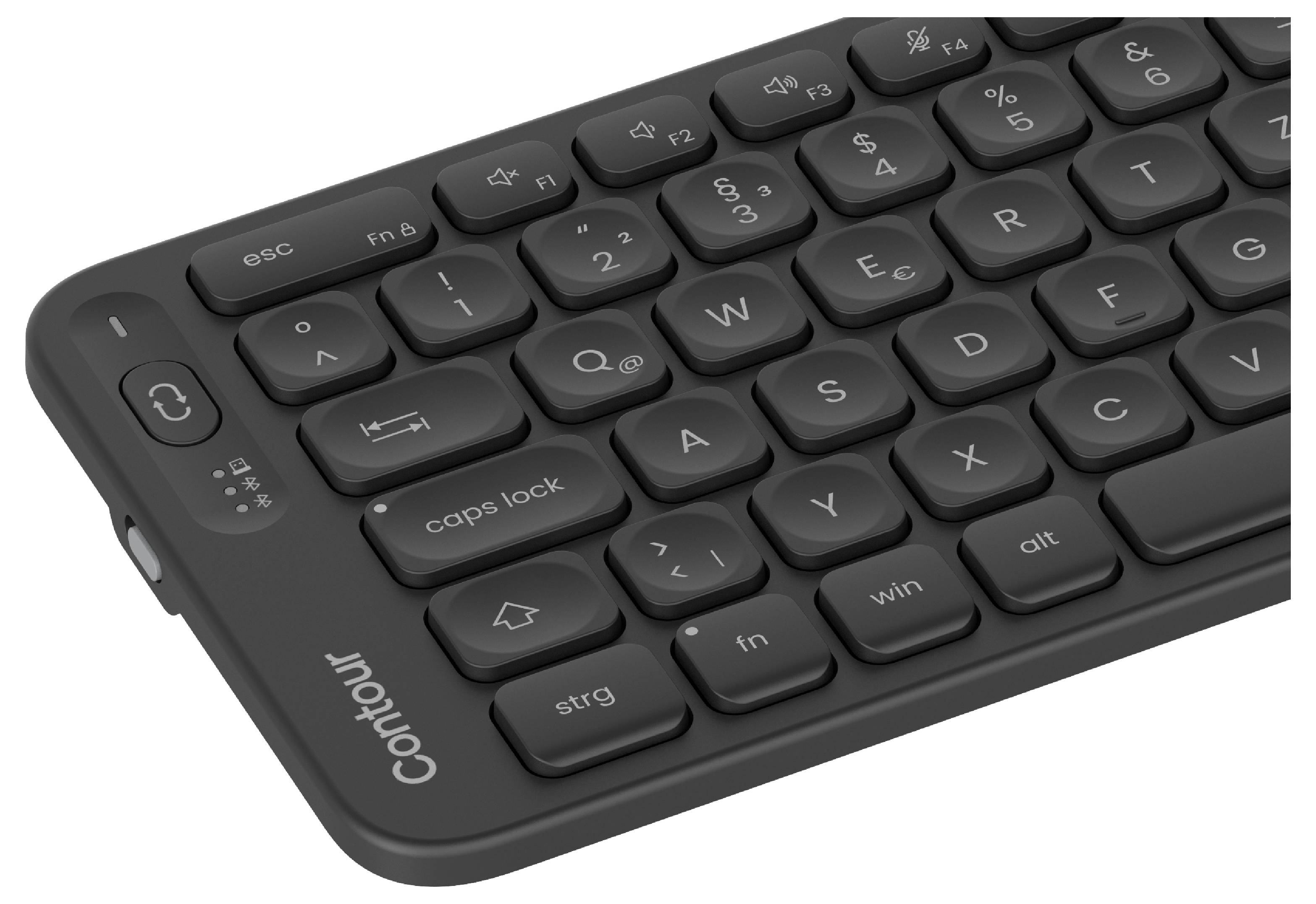 Eine schwarze ergonomische kabellose Tastatur mit abgerundeten Tasten, einschließlich Zahlen- und Funktionstasten, die sich für bequemes Tippen eignet.