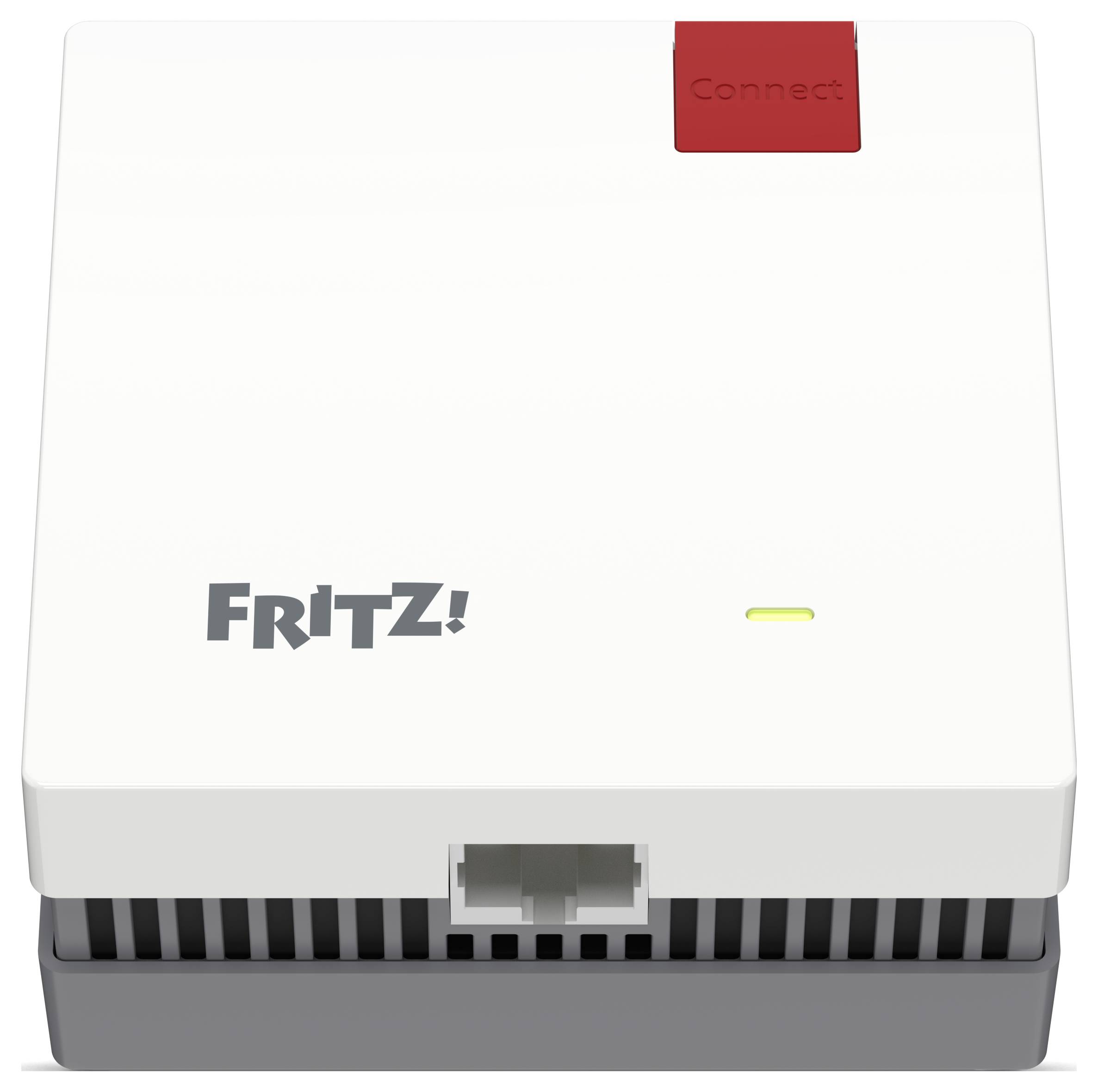 Ein weißer FRITZ! WLAN-Repeater mit einer roten "Verbinden"-Taste auf der Oberseite, einer kleinen Kontrollleuchte und einem LAN-Anschluss auf der Unterseite.