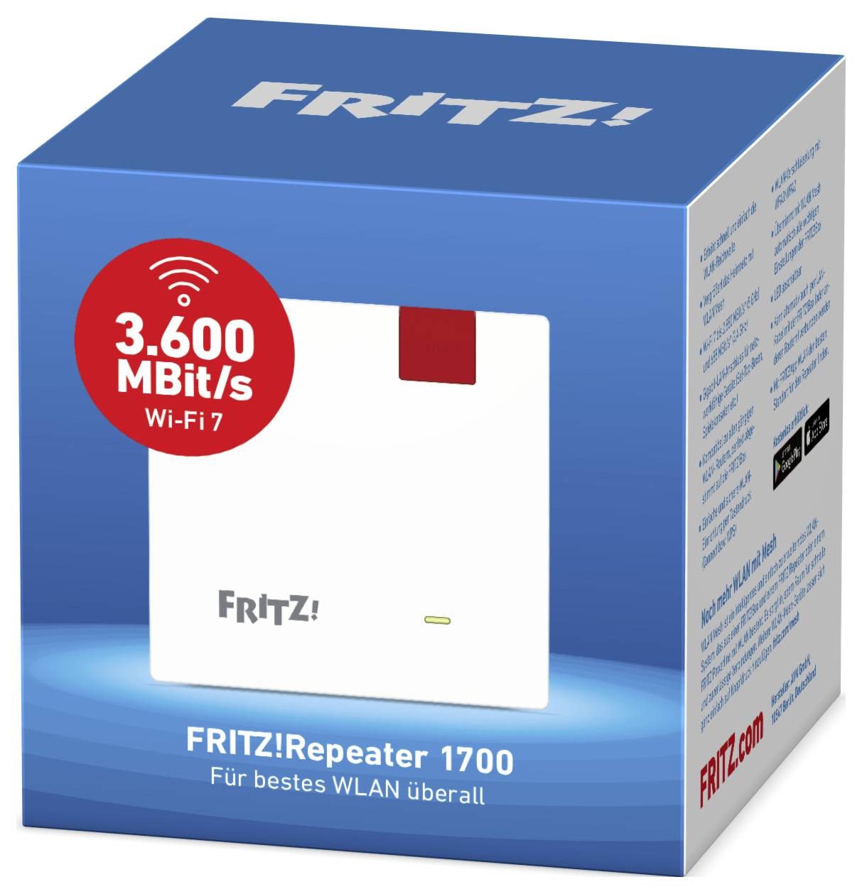 "FRITZ! Repeater 1700" Verpackung zeigt WLAN 7-Kompatibilität mit 3.600 MBit/s Geschwindigkeit für verbesserte drahtlose Abdeckung.