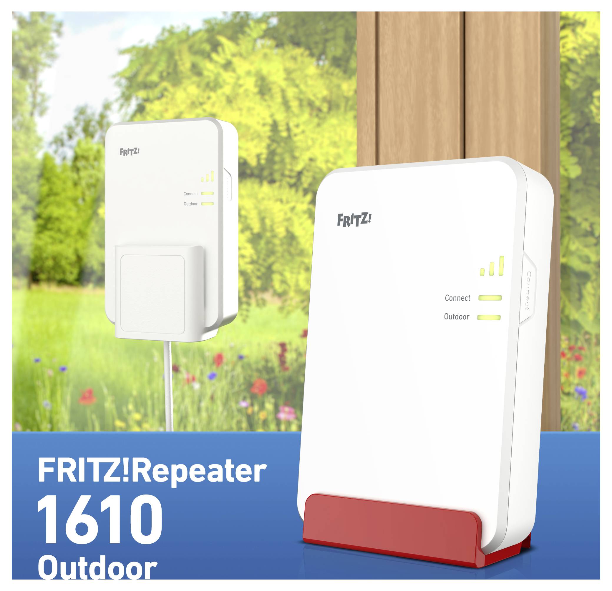 FRITZ! Outdoor-WLAN-Repeater, Modell 1610, in einer Gartenumgebung dargestellt, mit LED-Anzeigen für den Verbindungsstatus.