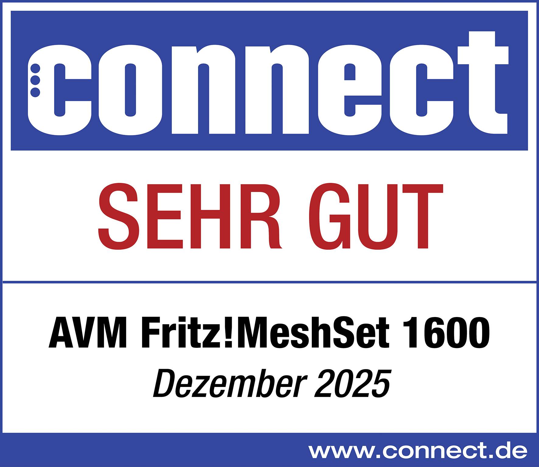 „Connect"-Qualitätssiegel mit „Sehr Gut"-Bewertung für AVM Fritz!MeshSet 1600, Dezember 2025, von www.connect.de.