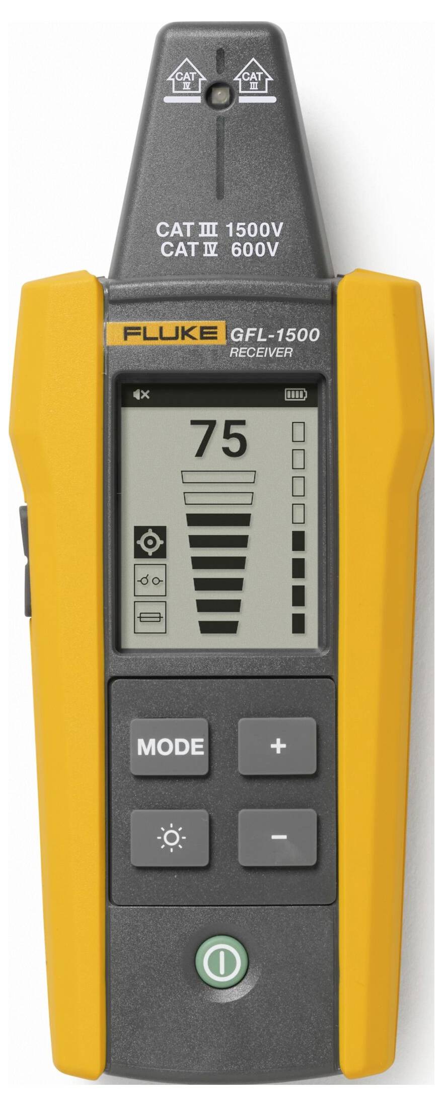 Das Bild zeigt einen Fluke GFL-1500 Empfänger mit einer digitalen Anzeige, die '75' und Signalbalken darstellt. Das Gerät wird für elektrische Prüfungen verwendet.