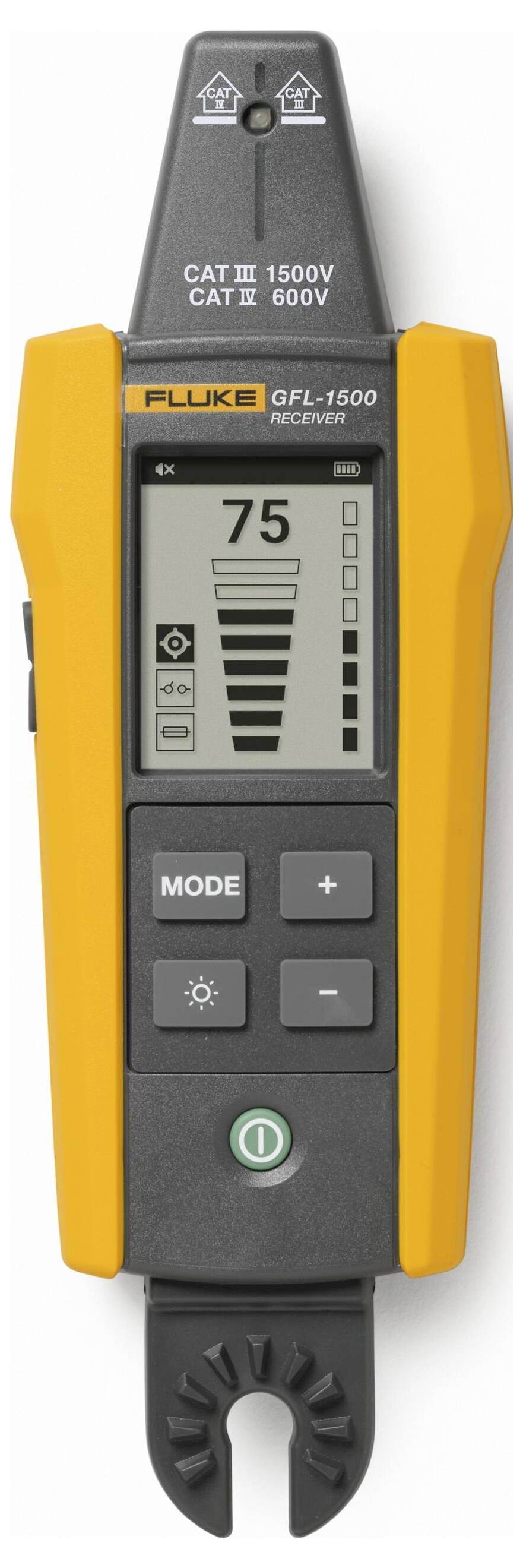 Ein tragbares elektrisches Messgerät mit einem LCD-Bildschirm, der '75' und verschiedene Symbolanzeigen zeigt. Das Gerät ist mit 'GFL-1500 Receiver' beschriftet.
