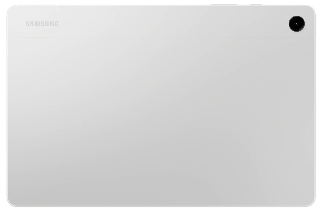 Das Bild zeigt die Rückansicht eines weißen Samsung-Tablets mit einer Kamera in der oberen rechten Ecke.