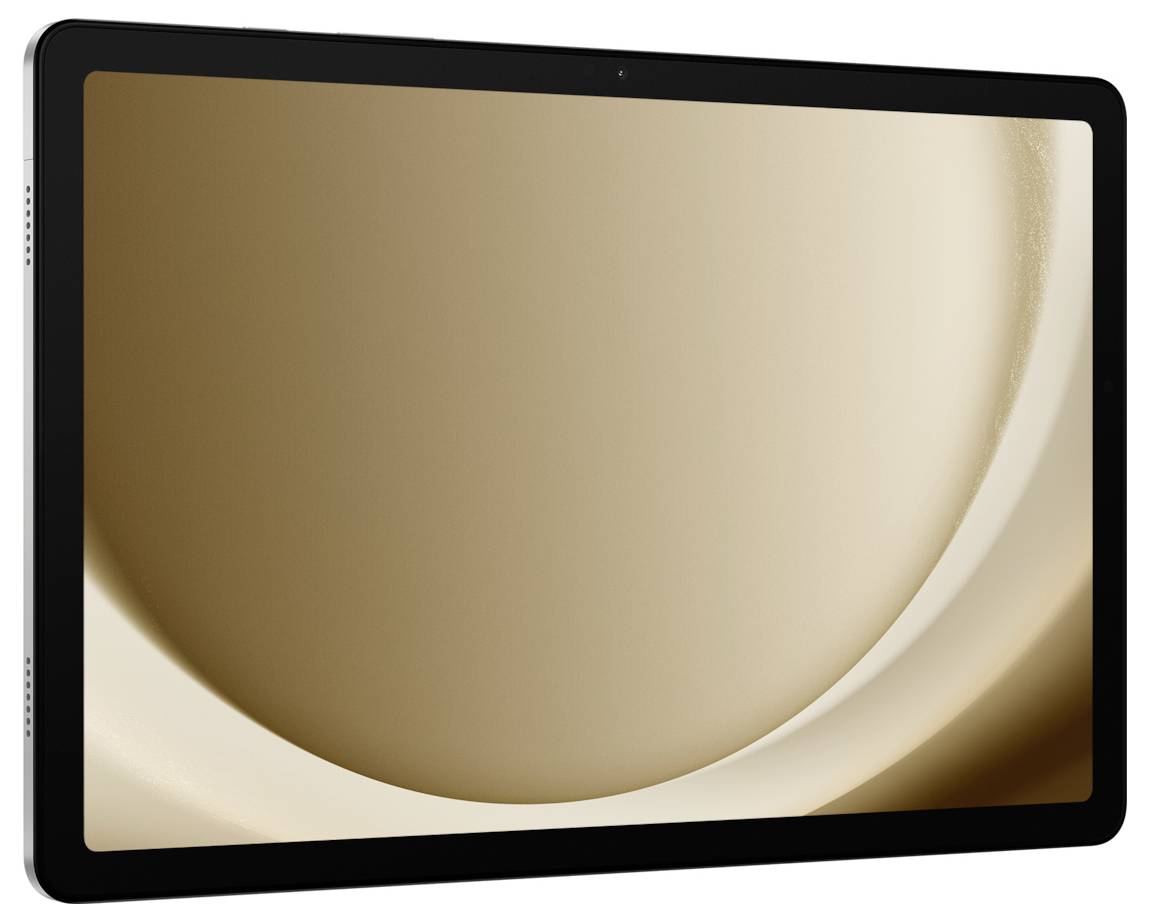 Eine elegante Tablette mit schwarzem Rahmen, die ein minimalistisches abstraktes Design in Beige und Creme auf dem Bildschirm zeigt.