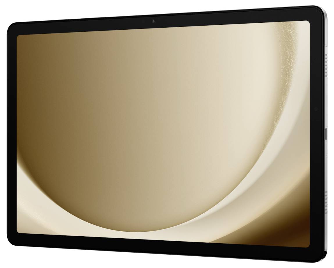 Ein Tablet mit einem großen Display, das ein minimalistisches, abstraktes Design in Nuancen von Beige und Gold zeigt.