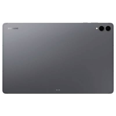 Eine schlanke, dunkelgraue Samsung-Tablette, von hinten gezeigt, mit hervorgehobener Dual-Kamera-Anordnung in der oberen rechten Ecke.