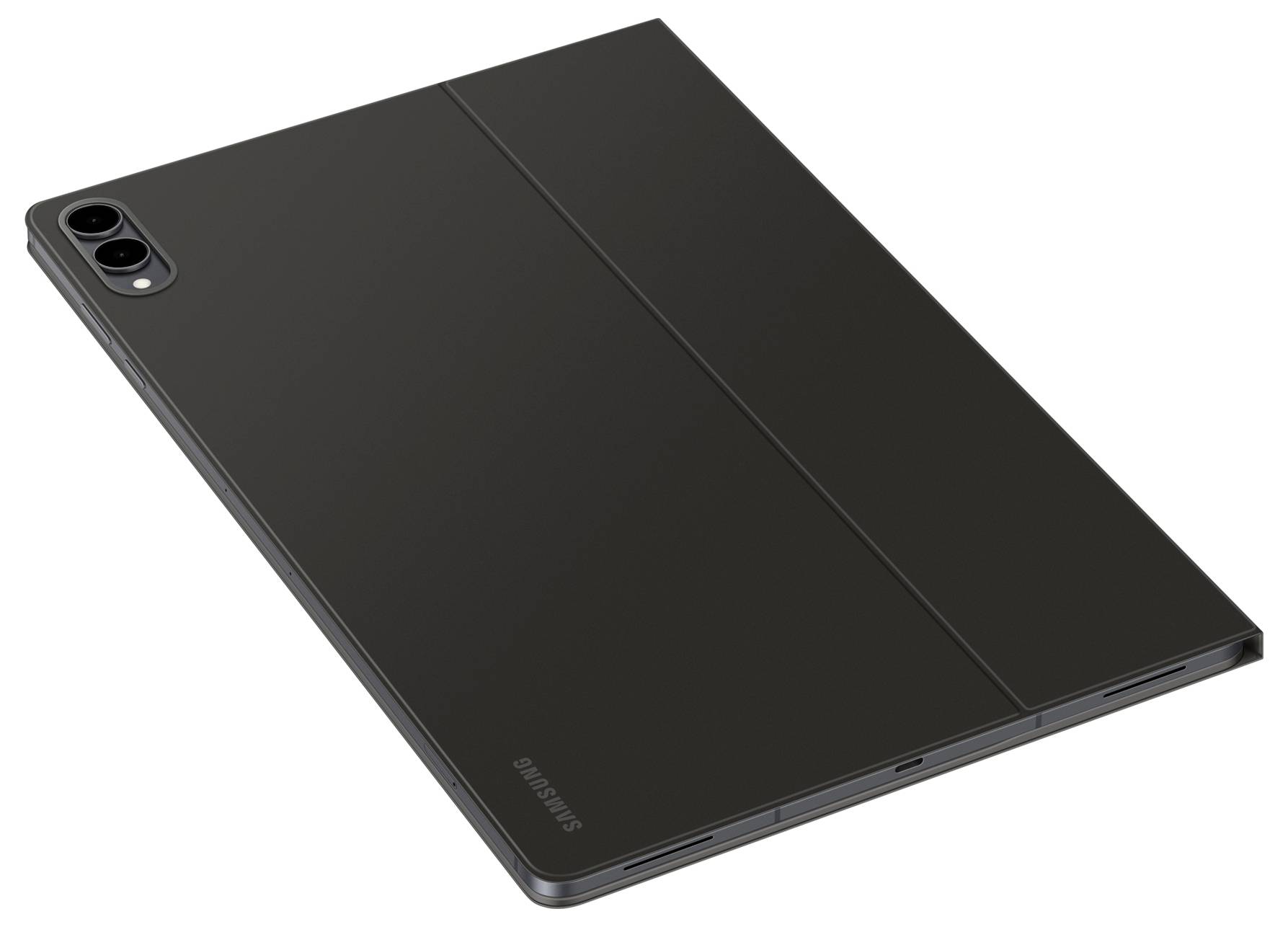 Ein schlankes schwarzes Tablet, von hinten betrachtet, mit Dual-Kameras und dem Samsung-Logo, das sein modernes Design und seine technologischen Merkmale zur Geltung bringt.