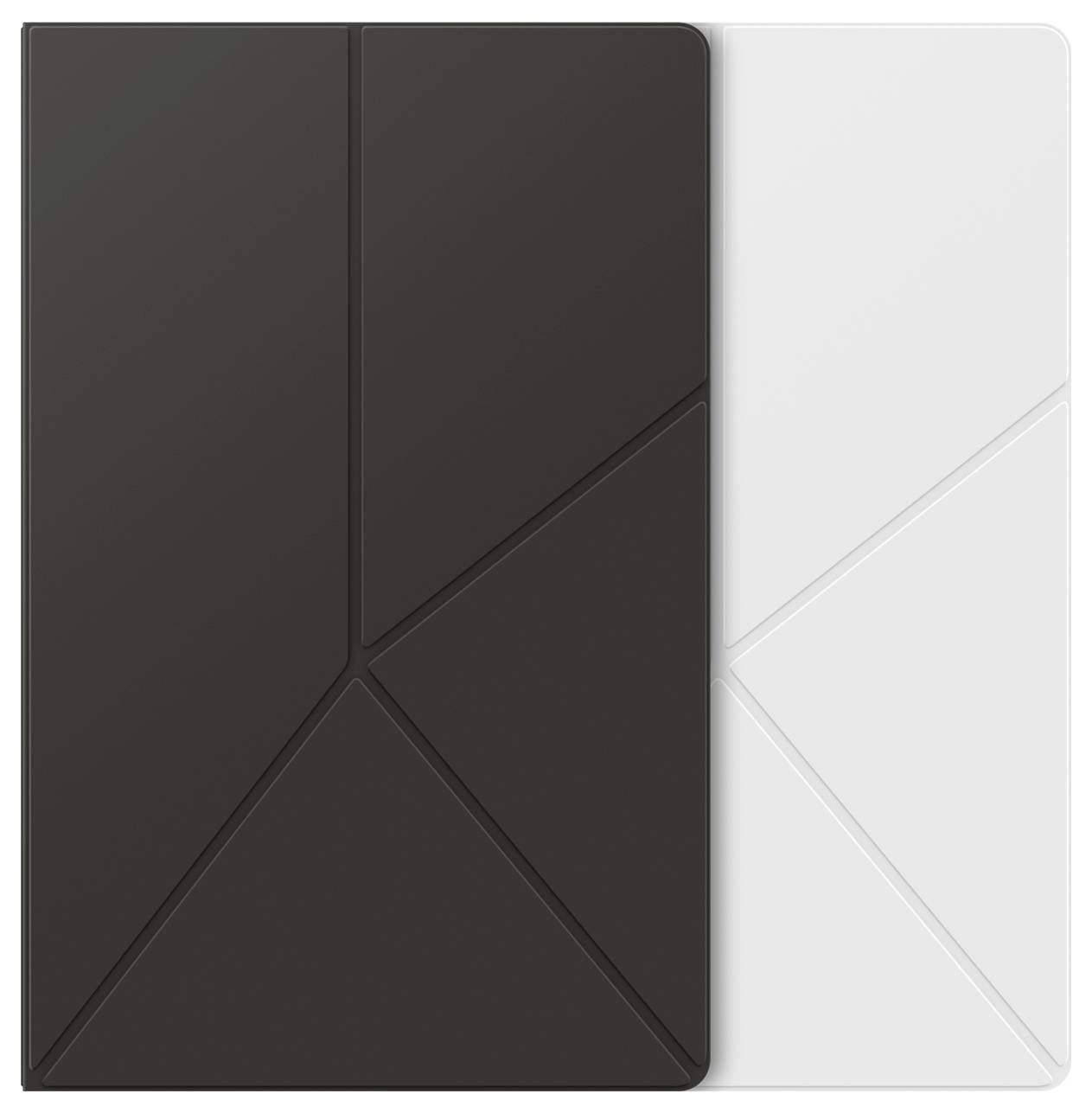 Zwei Tablet-Hüllen, eine in Schwarz und eine in Weiß, mit geometrischen Faltmustern nebeneinander präsentiert.