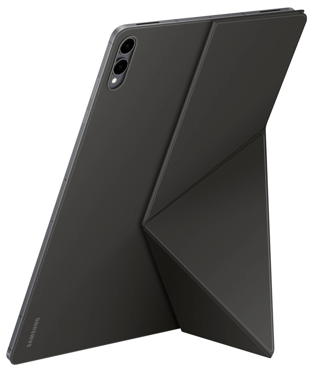 Ein schwarzes Samsung-Tablet mit Dual-Kamera, in einem Winkel positioniert, um seinen angebrachten Klappständer zu zeigen.