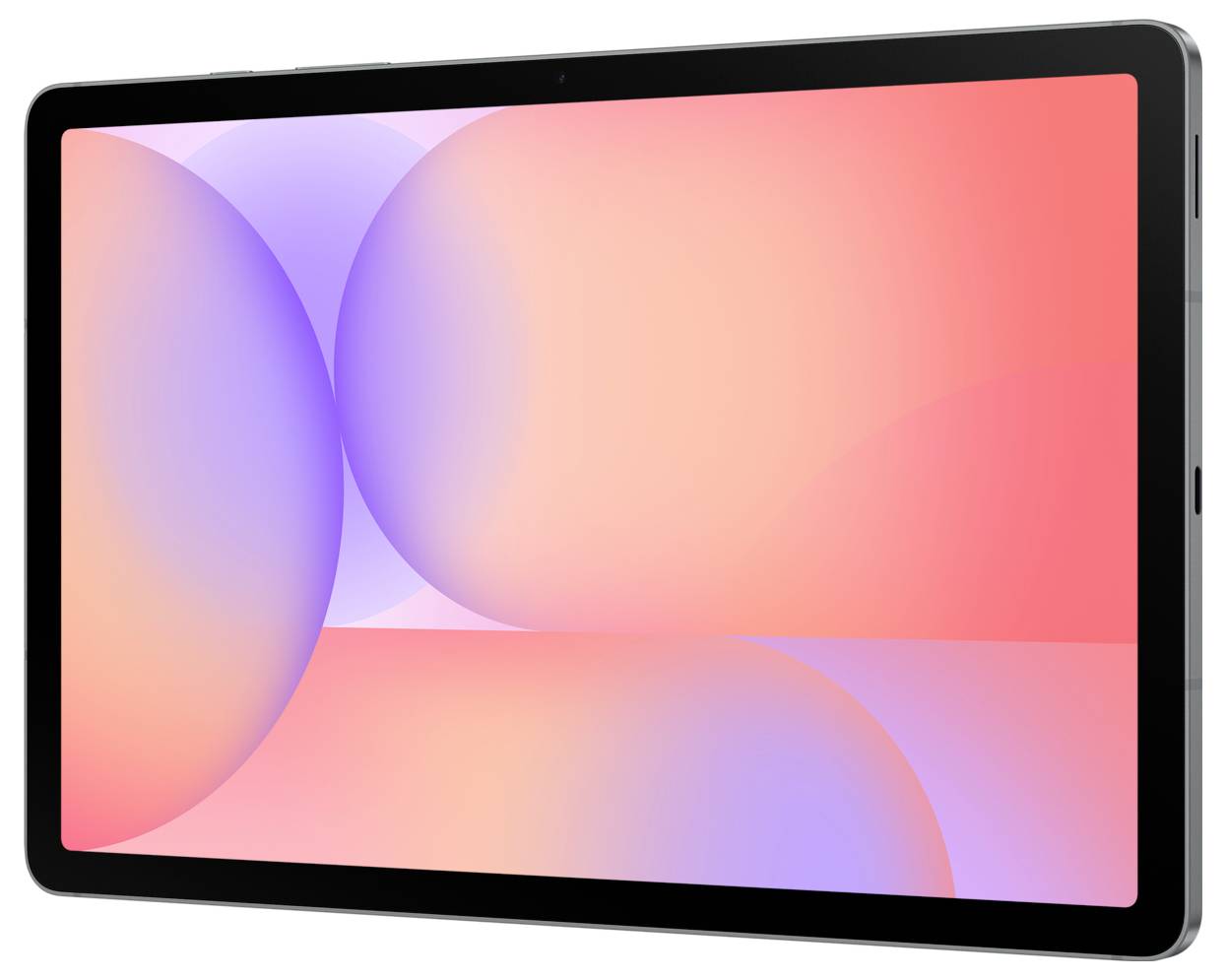 Ein schlankes Tablet mit einem Verlaufsdesign auf dem Bildschirm, das sich aus überlappenden rosa und lila Kreisen auf einem hellorangefarbenen Hintergrund zusammensetzt.