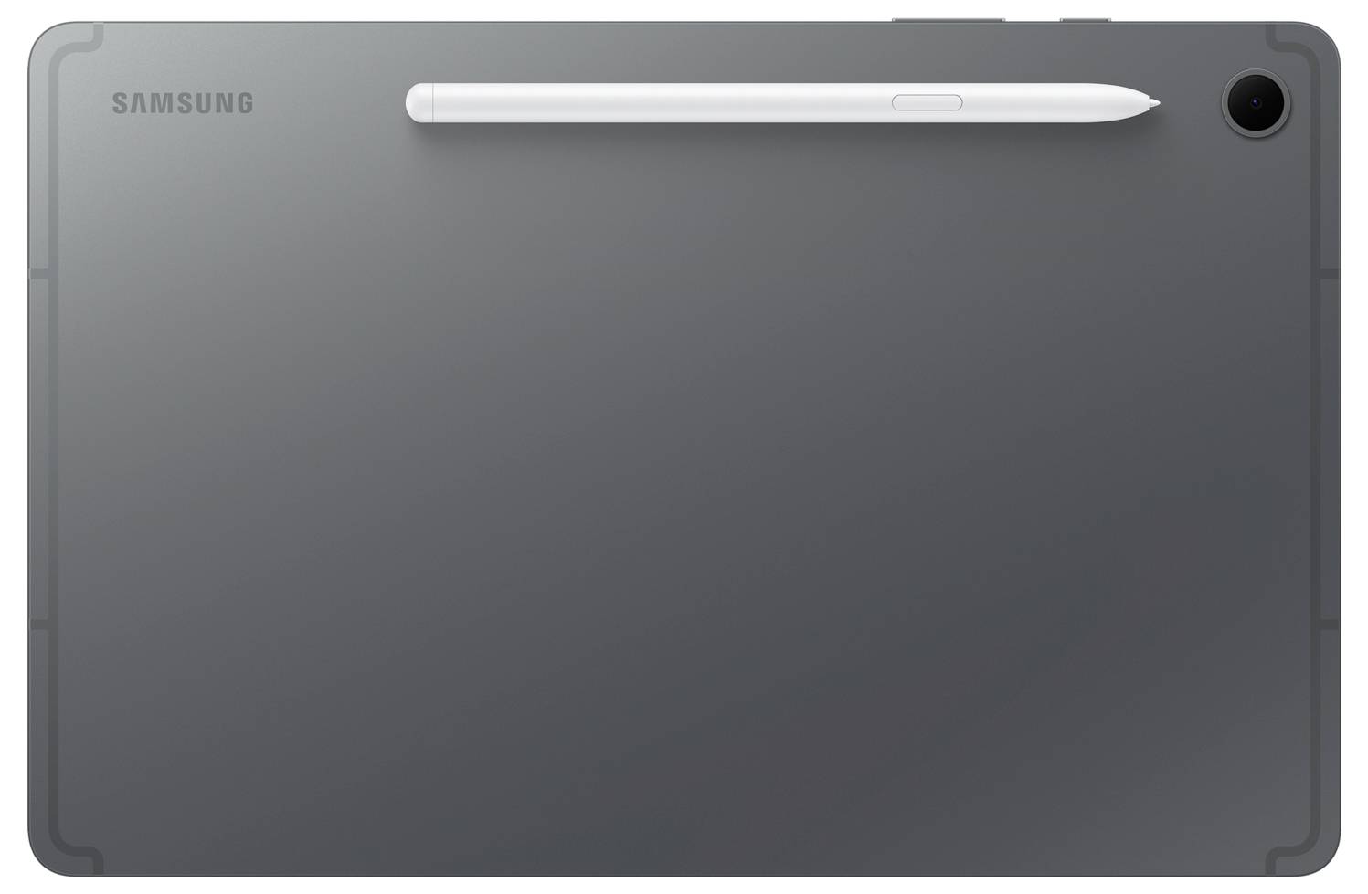 Eine graue Tablette mit einem Stylus, der magnetisch an der Rückseite befestigt ist und ein minimalistisches Design zeigt.