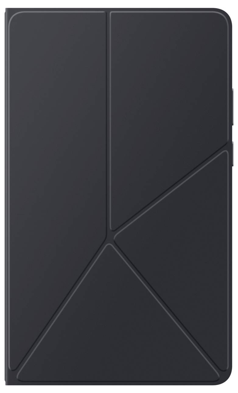 Eine schwarze Tablet-Hülle mit geometrischen Faltlinien zur Erstellung eines Ständers, flach und geschlossen betrachtet.