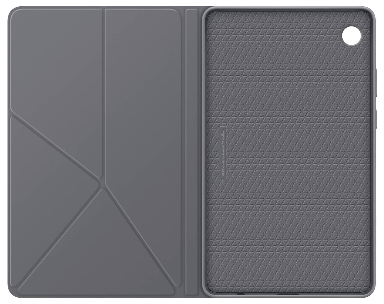 Ein grauer Tablet-Schutzumschlag mit strukturierter Innenseite und faltbarem Deckel, der ein geometrisches Design mit vielseitigen Aufstellmöglichkeiten präsentiert.