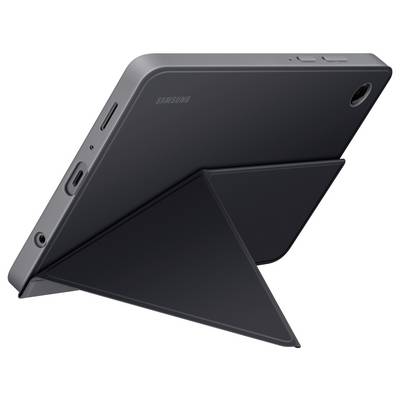 Ein Tablet mit schwarzem Gehäuse ist mithilfe seines faltbaren Ständers aufgestellt, aus einem Winkel betrachtet, der die dreieckige Form des Ständers und den Ladeanschluss zeigt.