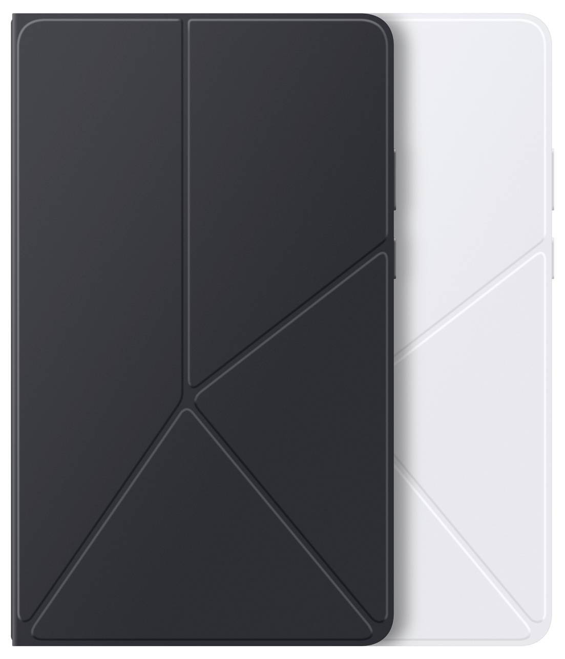 Ein schwarzes geometrisches Mustercover wird teilweise über einem ähnlichen weißen Cover überlagert, wobei das Design und der Kontrast zwischen dunkel und hell hervorgehoben werden.