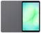 Ein schlankes Tablet mit einer dunkelgrauen Hülle, die geöffnet ist und einen hellen, abstrakten grün-blauen Bildschirm zeigt.