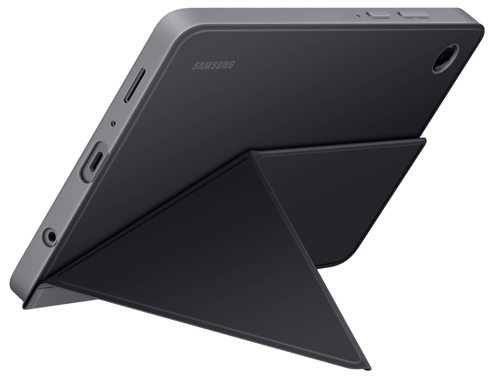 Ein schwarzes Tablet mit einem faltbaren Ständer, diagonal positioniert, das seine Anschlüsse und Rückkamera präsentiert.