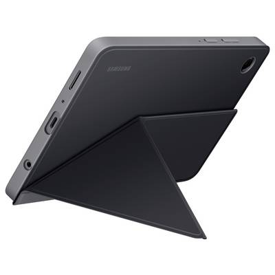 Ein schwarzes Tablet mit einem faltbaren Ständer, diagonal positioniert, das seine Anschlüsse und Rückkamera präsentiert.