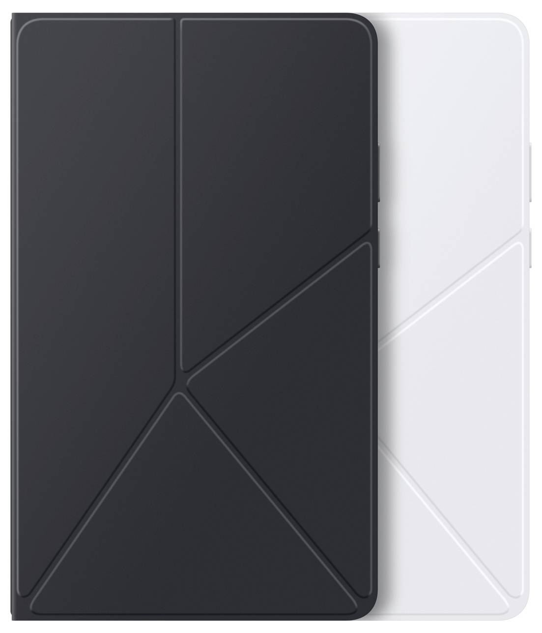 Eine faltbare Tablet-Hülle mit schwarzem und weißem geometrischem Muster, die ihr schlankes, modernes Design mit diagonalen Linien und minimalistischem Stil präsentiert.