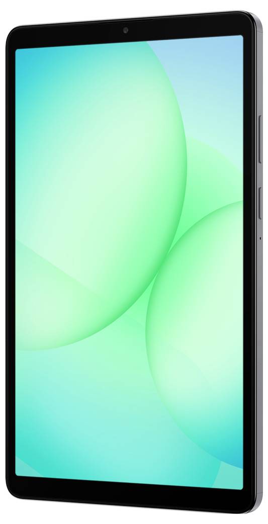 Ein Tablet-Gerät mit einem schlanken, schwarzen Rahmen und einem lebhaften, grünen geometrischen Hintergrund, der auf dem Bildschirm angezeigt wird.