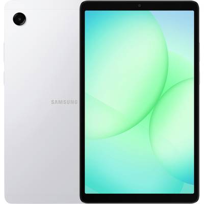 Weißes Tablet mit schwarzem Bildschirm, der ein grünes abstraktes Design zeigt.