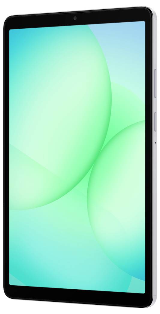 Ein Tablet, das von einem leichten Winkel aus betrachtet wird und einen hellen, abstrakten grün-blauen Hintergrund auf seinem Bildschirm zeigt, mit sichtbaren Lautstärkereglern.