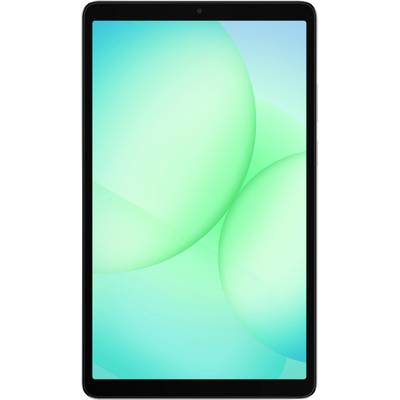 Ein Tablet mit einem schlanken schwarzen Rahmen zeigt einen lebendigen abstrakten Hintergrund in Grün- und Blautönen.