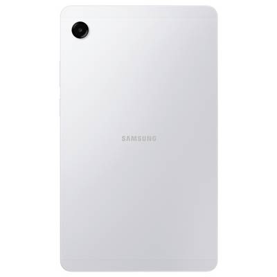 Ein schlankes, minimalistisches weißes Tablet mit einer einzelnen Kamera in der oberen linken Ecke und dem Wort "Samsung" mittig auf der Rückseite.